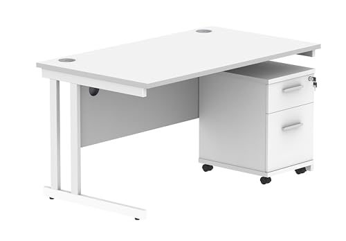 Office Hippo Heavy Duty Contract Grade Office Desk Workstation and Lockable 2-Drawer Pedestal Set, 120kg Weight Tolerance, 5-Year Warranty, FSC Certified, White, White Legs, 1400 x 800mm