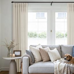 Linen Curtains 90 Inches Long for Living Room Pinch Pleat Drapes with Hooks Rings Back Tab Neutral Greyish Beige Taupe Semi Sheer Pleated Curtain 90 Inch Length for Bedroom Dining Office 1 Panel