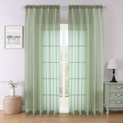 "Lecloud Sage Green Sheer Curtains 90 Inches Long 2 Panels, Light Filtering Airy Voile Curtain Drapes, Dual Rod Pocket Extra Wide Elegant Window Treatments for Living Room Bedroom, 59"" W x 90"" L"