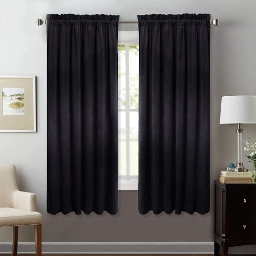 "StangH Super Soft Velvet Thick Blackout Curtains Heat and Cold Insulating Energy Saving Rod Pocket Black 52"" W x 63"" L 2 Pack"