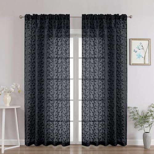 "Chyhomenyc Black Sheer Curtains 84 Inch Length 2 Panels Set, Light Filtering Tufted Textured Soft Airy Rod Pocket Gentle Leaf Window Treatment Drapes for Bedroom Living Room, 52"" Wx84 L, 2PCS"