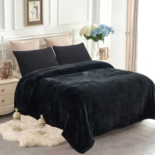 JYK Fleece Plush Blanket 2kg 1 Ply Korean Faux Mink King Size 215 x 241 cm Super Soft and Warm Lightweight and Cozy Fluffy Plain Fleece Blanket for Bed Black