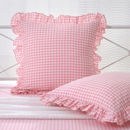 K MASANIJI 2 Pack Coral Pink White Plaid Ruffle Euro Throw Pillow Covers, 100% Washed Cotton Gingham Checkered Farmhouse Decorative Pillow Shams for Bed/Sofa Zipper Closure - 22''x22''