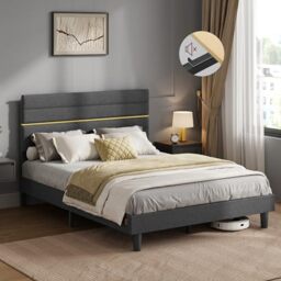 VASAGLE Double Bed Frame, for 135 x 190 cm Mattress, Adjustable Upholstered Headboard, Metal Frame, Wooden Slats, Modern, Slate Grey RMB506GN01