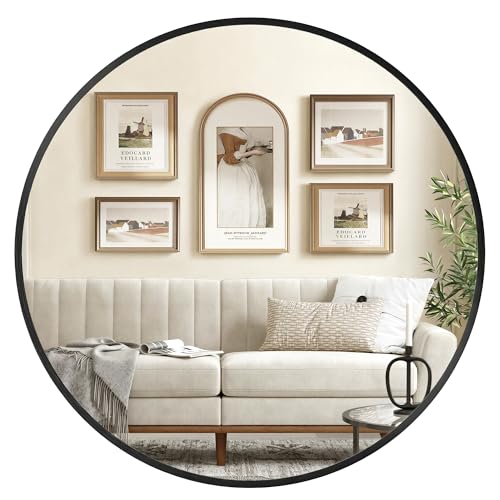 SONGMICS Round Mirror, 80 cm Bathroom Mirror for Wall, Metal Frame, Easy to Install, Modern Wall Mirror for Bathroom, Living Room, Bedroom, Entryway, Hallway, Ink Black LWM108BD01
