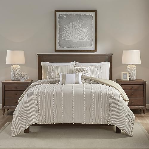 "Harbor House 100% Cotton Duvet Set - Trendy Tufted Textured Design, All Season Cozy Bedding Modern Comforter Cover, Matching Shams, Anslee Pom Pom Taupe King(106""x90"") 3 Piece"