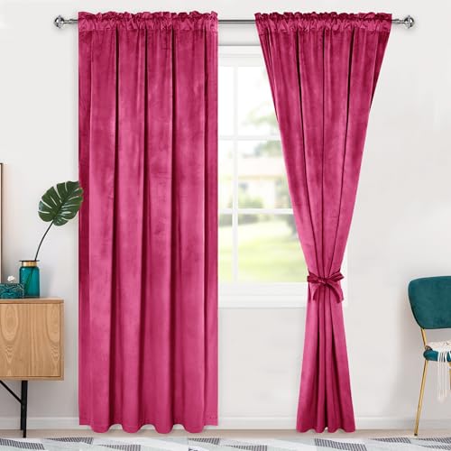 Hiasan Velvet Curtains 84 inch Blackout Rod Pocket Thermal Insulated Soft Curtains Room Darkening Window Drapes with Tiebacks for Bedroom Living Room, Set of 2 Panels, 52W x 84L, Berry