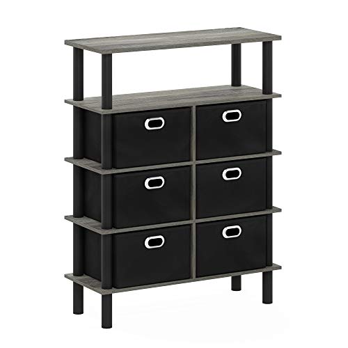 Furinno FRANS Entryway Table, 4-Tier Toolless Assembly Console Table with Drawer Storage Bins, Open Shelf Sofa Table, Side Table, for Living Room, Home Office, Entryway, French Oak/Black/Black