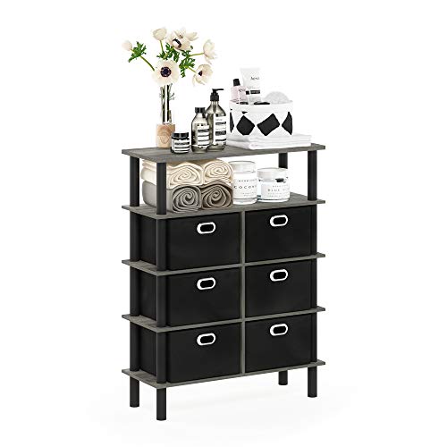 Furinno FRANS Entryway Table, 4-Tier Toolless Assembly Console Table with Drawer Storage Bins, Open Shelf Sofa Table, Side Table, for Living Room, Home Office, Entryway, French Oak/Black/Black