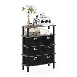 Furinno FRANS Entryway Table, 4-Tier Toolless Assembly Console Table with Drawer Storage Bins, Open Shelf Sofa Table, Side Table, for Living Room, Home Office, Entryway, French Oak/Black/Black