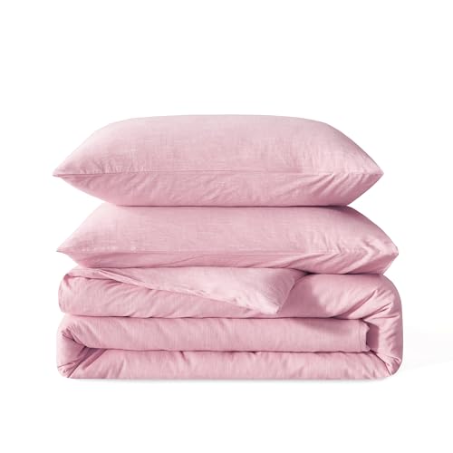 BFS HOME Linen Duvet Cover Queen Size - Soft Breathable Cotton Linen Blend, 3-Pieces Bedding Set with 2 Pillowcases, Stonewashed Texture, Light Pink, All-Season Comfort
