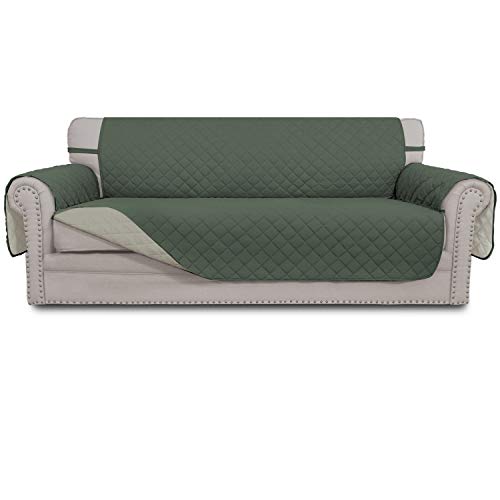 Easy-Going 4 Seater Sofa Slipcover Reversible Sofa Cover Water Resistant Couch Cover with Foam Sticks Elastic Straps Furniture Protector for Pets Children Dog Cat (XX-Large, Greyish Green/Beige)