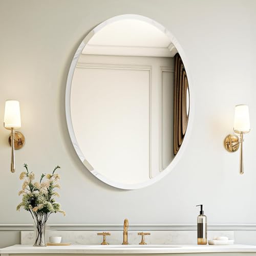 "USHOWR 20 x 28 Inch Frameless Oval Wall Mirror, Large Decor Mirror for Bathroom, Vanity, Bedroom, 1"" Beveled Edge, Modern Style"