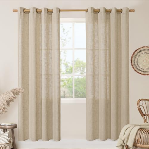 LAMIT Semi Sheer Linen Curtains 80 Inch Length for Living Room, Brown Light Filtering Window Panels Bronze Grommet Boho Burlap Drapes for Bedroom/Farmhouse, Set of 2, 52 x 80 Inch