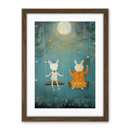 Artery8 Rabbits on a Swing with Moonlit Butterflies Calming Baby Nursery Artwork Framed Wall Art Print 18X24 Inch