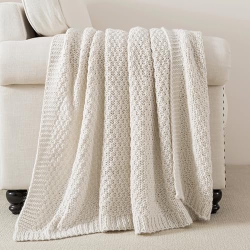 WDCOZY Cable Knit Throw Blanket Super Soft Warm Knitted Throw Blanket for Couch, Sofa, Chair, Bed Lightweight Breathable Extra Cozy Machine Washable Comfortable Home Decor White 50x60 inches
