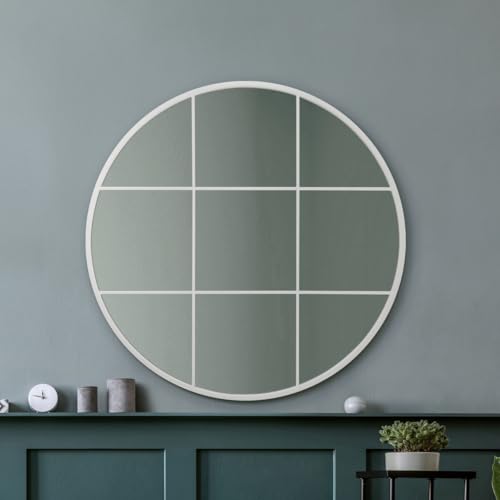 "MirrorOutlet The Circulus - Solid White Metal Framed Window Modern Round Circular Wall Mirror 39"" X 39"" (100CM X 100CM) Silver Mirror Glass with Black All weather Backing."