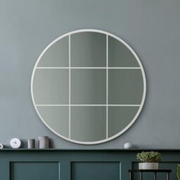 "MirrorOutlet The Circulus - Solid White Metal Framed Window Modern Round Circular Wall Mirror 39"" X 39"" (100CM X 100CM) Silver Mirror Glass with Black All weather Backing."