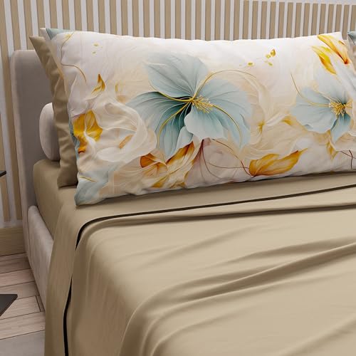 PETTI Artigiani Italiani - Cotton Sheets with Pillowcases in Digital Print, French Queen, Top and Bottom Sheet Set with Corners, Marble Taupe, 100% Made in Italy