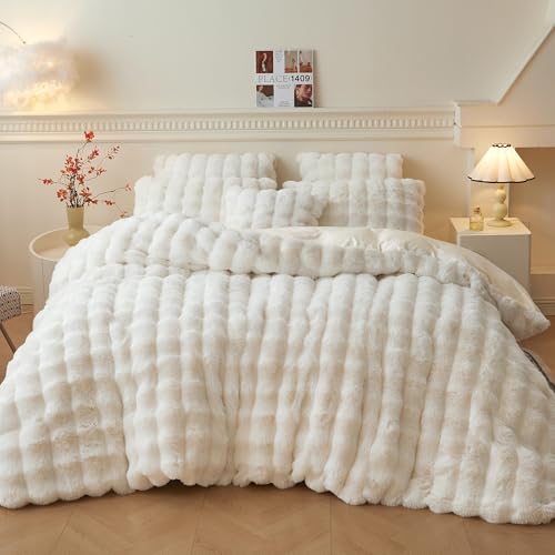 LIFEREVO 3 PCS Fluffy Faux Rabbit Fur Duvet Cover Set King Size, Beige - 1 Soft Bubble Comforter Cover & 2 Furry Pillow Cases, 8 Corner Ties, Hidden Zipper, Decor Washable Ivory Plush Bedding Set