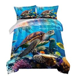 HOSIMA Coastal Beach Themed Bedding Set,Retro Turtle Comforter Full Size for Kids Teens Boys Girls Room Decor,Underwater World Coral Fish Printed Bedding Set with 2 Pillowcases.