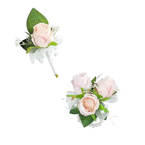Floinla Pink Artificial Flower Wrist Corsage Bracelet, Homecoming Corsage Wristlet, Boutonniere for Men Wedding Suit Decorations