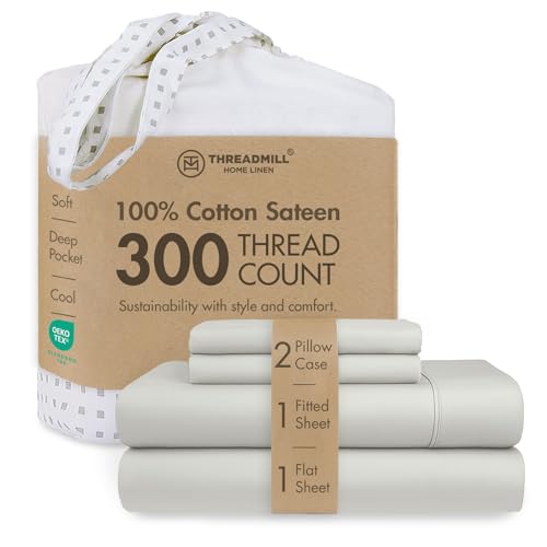 Threadmill Home Linen 300 Thread Count 100% Cotton Sheet Set, Queen Sheets, Luxury Bedding, Queen Sheets 4 Piece Set,Smooth Sateen Weave, Silver