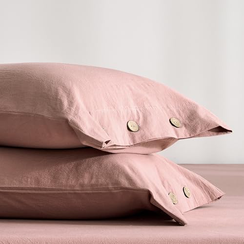JELLYMONI 100% Washed Cotton Pillowcases, King, Button Closure - OEKO-TEX Certified, Pre-Shrunk, Natural Wrinkles, Linen-Look Texture for Wide Beds, Set of 2, 20 x 36 in