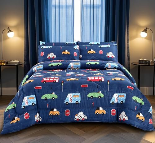 MAG 3Pcs Cartoon Car Comforter Set,Blue Cute Queen Comforter Set,Race Car Bedding,All Season for Toddlers Kids Boys Teens and Girls,Soft Microfiber,Queen Size.