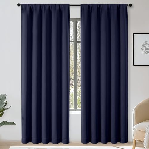 OWENIE Sally Navy Blue Blackout Curtains 90 Inches Long 2 Panels Set for Bedroom Living Room, Solid Thermal Insulated Privacy Room Darkening Window Treatment Drapes, 2 Pcs Each W50 x L90 Inch, Navy