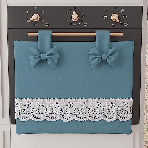 PETTI Artigiani Italiani - Decorative oven door cover, cotton with Sangallo lace trim and bows, 50 x 42 cm, Air force blue