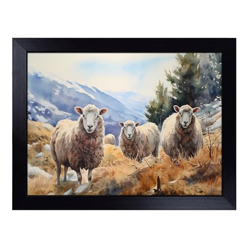 Lap Tray with Bean Bag Cushion, Sheep Watercolour - Handmade in the UK, Raised Wooden Edge, Padded Cushion, Heat-Resistant Wipe-Clean Surface, for Meals, Laptops and Crafts