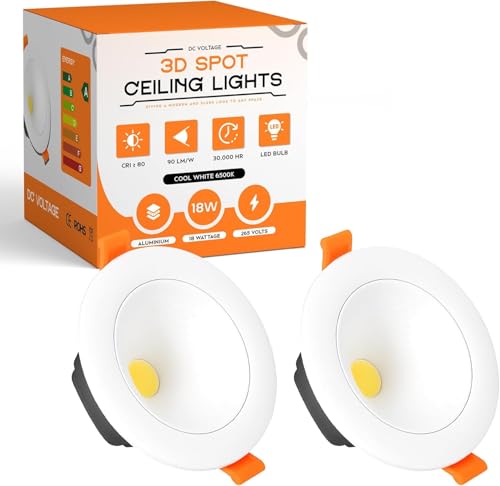 DC VOLTAGE 2 Pack LED Downlights for Ceiling Warm White 3000K, 18W,90LM/ W, AC 220-240V, Cut Ø90-100 mm Ultra Slim Recessed Ceiling Round 3D Spot Lights for Bathroom Kitchen Living Room