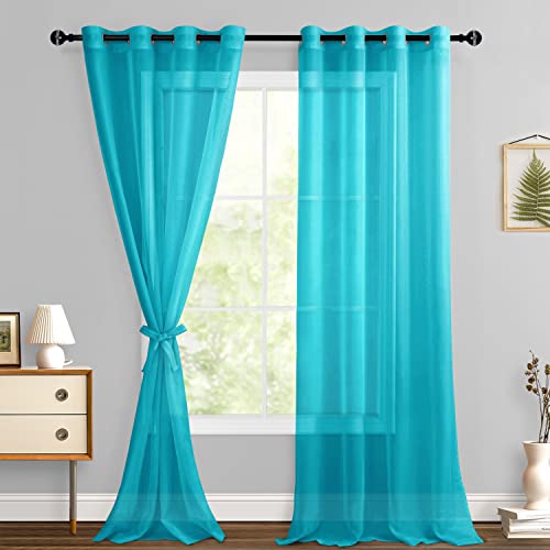 Hiasan Sheer Curtains for Living Room with Tiebacks, Light Filtering Voile Textured Drapes Lightweight Grommet Window Curtains for Bedroom, Kids' Room, Basement, Turquoise, W52 x L96, 2 Soft Panels