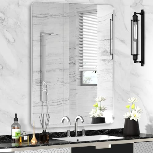"Minuover Silver Framed Bathroom Mirror, Brushed Nickel Large Rounded Corner Rectangle Wall Mirror, Tempered Glass, Shatter Proof, Anti-Rust, Hangs Horizontally or Vertically (28"" x 36"", Silver)"