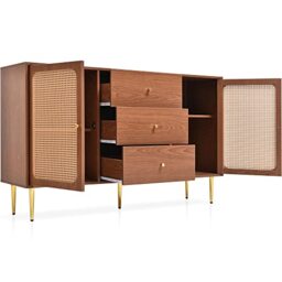 Merax Rattan Sideboards for Living Room - Storage Cabinet with 2 Doors and 3 Drawers - Walnut Drawers Bedroom with Adjustable Shelf - Kitchen Cabinets - 90x150x40cm