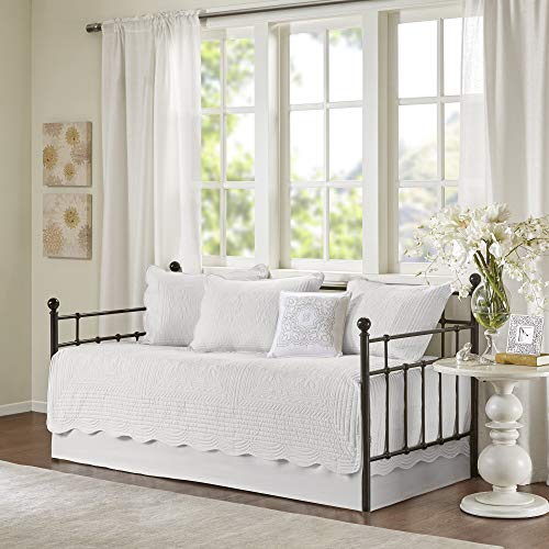 "Madison Park Tuscany Daybed Cover Set-Trendy Damask Quilting with Scalloped Edges All Season Luxury Bedding with Bedskirt, Matching Shams, Decorative Pillow, White, 39""x75"", 6 Piece"
