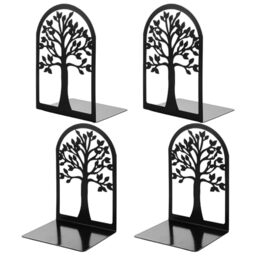 ASelected 4PCS Heavy Metal Bookend Two Pairs of Black Bookend L Shaped Bookends with Non Slip Mat, Decorative Tree Unique Design Book Stopper for Home Office Library Bookshelf