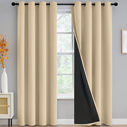 Yakamok 100% Blackout Window Curtains for Bedroom 84 Inch Length, Light Blocking Drapes with Black Backing, Thermal Insulated Solid Grommet Panels for Living Room, 52Wx84L, Beige, 2 Panels