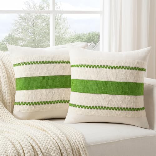 Fancy Homi Set of 2 Boho Lime Green Decorative Throw Pillow Cover 18x18 Inch for Couch Bed Sofa, Aesthetic Modern Organic Farmhouse Home Decor, Soft Cotton Cute Accent Macrame Woven Cushion Case