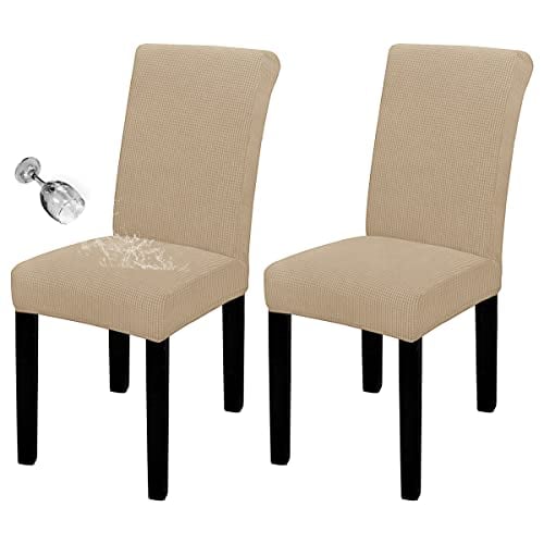 Easy-Going 100% Waterproof Dining Room Chair Cover Set of 2, Stretch Jacquard Parson Chair Slipcover Removable Washable Chair Protector for Home, Restaurant, Banquet (XLarge, Sand)