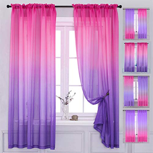 "Yancorp Sheer Curtains 2 Panels Voile Ombre Drapes Reversible for Girls Living Room Bedroom Kitchen Window Home Decoration 63 72 84 96 inches Long White Pink Blue Purple (Pink Purple, 40""x63""-1 PC)"