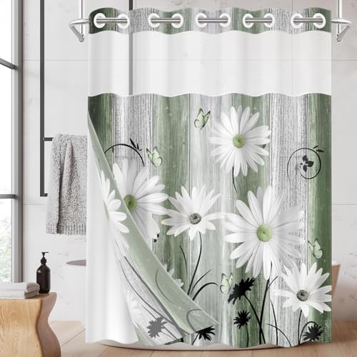 Nesphy No Hook Green Daisy and Butterfly Shower Curtain with Snap in Fabric Liner Set, Rustic Farmhouse Double Layers Waterproof Fabric with See Through Top Window Open Grommet Bath Curtain 71x86 Inch