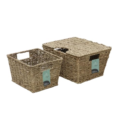 JVL Set of 2 Large Rectangular Seagrass Storage Baskets ??? Natural Hand Woven Home Storage Organisers, Brown