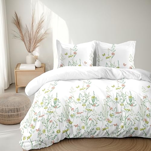 Home Linge Passion Duvet Cover Set 220 x 240 cm – 3 Pieces – Soft Cotton Percale – Duvet Cover + Pillowcase – White & Green – L'Insoumise Model
