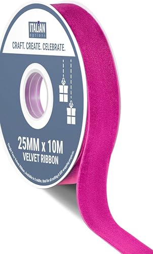 Italian Options Velvet Ribbon, Luxury, Single-Face Velvet Ribbon for Crafting, Christmas, Bows, Hair, Cakes, Weddings, Ornaments, Gift Wrapping, Flowers, 25mm x 10 Metre Roll, Hot Pink