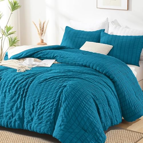 AveLom Teal Seersucker Full Comforter Set (80x90 inches), 3 Pieces-100% Soft Washed Microfiber Lightweight Comforter with 2 Pillowcases, All Season Down Alternative Comforter Set for Bedding
