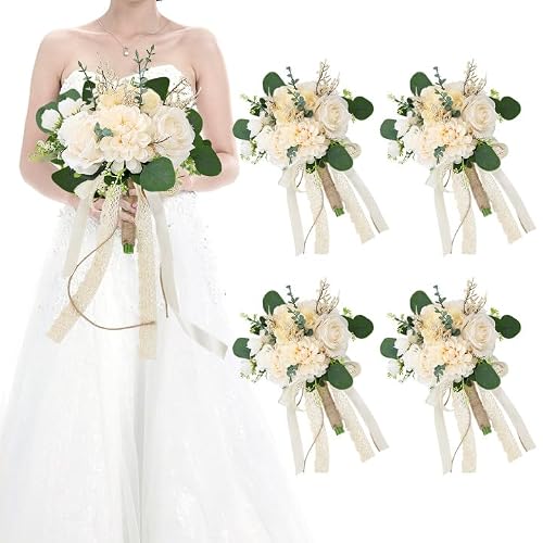 HOMENERGY Set of 4 Bridesmaid Bouquets for Wedding, 9 Inch Boho Bridesmaid Flowers for Ceremony Anniversary Centerpieces Decorations, Artificial Rose Bouquets Romantic - Beige