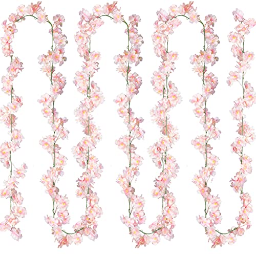 Sggvecsy 4 Pack Artificial Cherry Blossom Garland Hanging Flower Vines Silk Flower Garland for Home Wedding Garden Party Arch Office Decor (Pink)