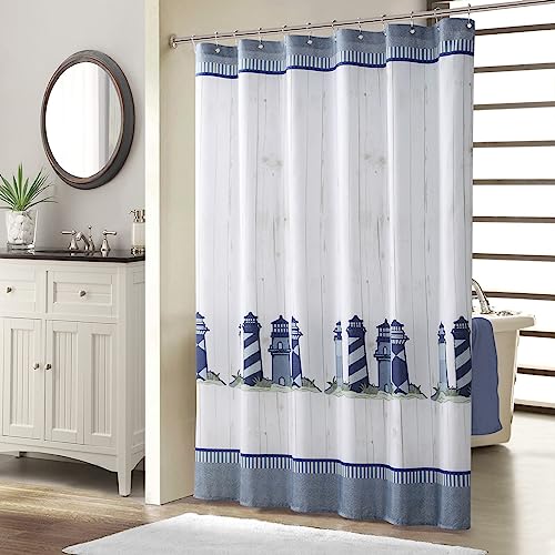 BESTRIPES Extra Long Lighthouse Shower Curtain 72x90 Inches, White Woodgrain with Blue Gray Borders, Water Repellent Fabric, 12 Grommets & Weighted Hem